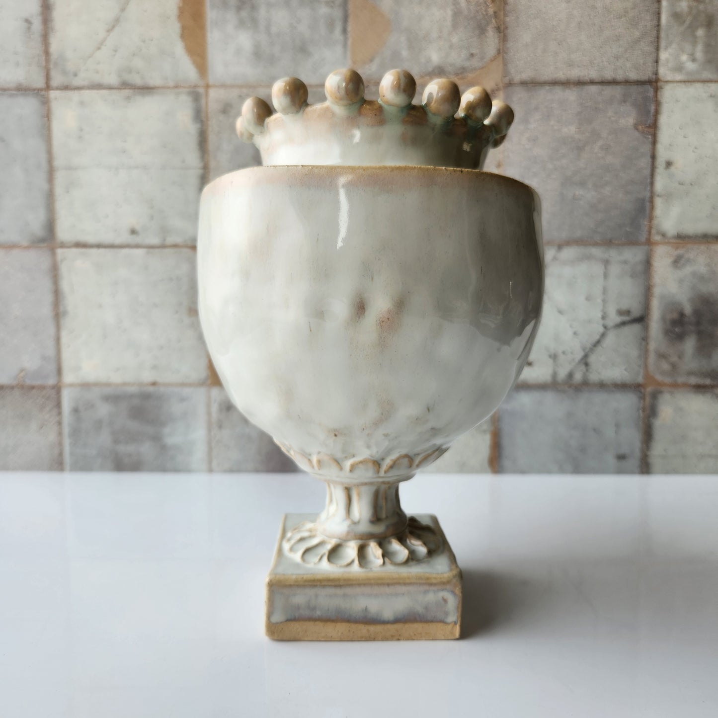 Round Cream Pinched Vase by Rene Stratton