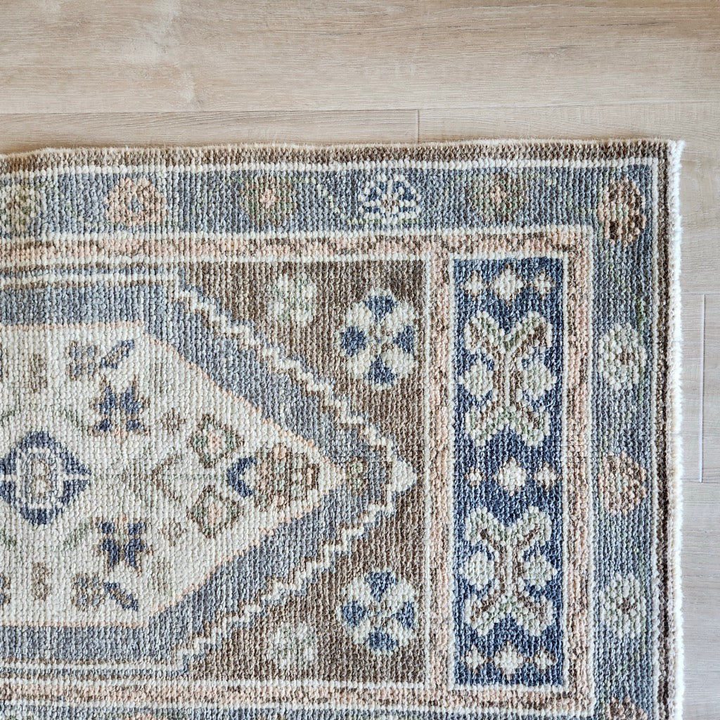 Designer Hand Knotted Rug in Blue, Brown, and Pink by Tara Dennis Design