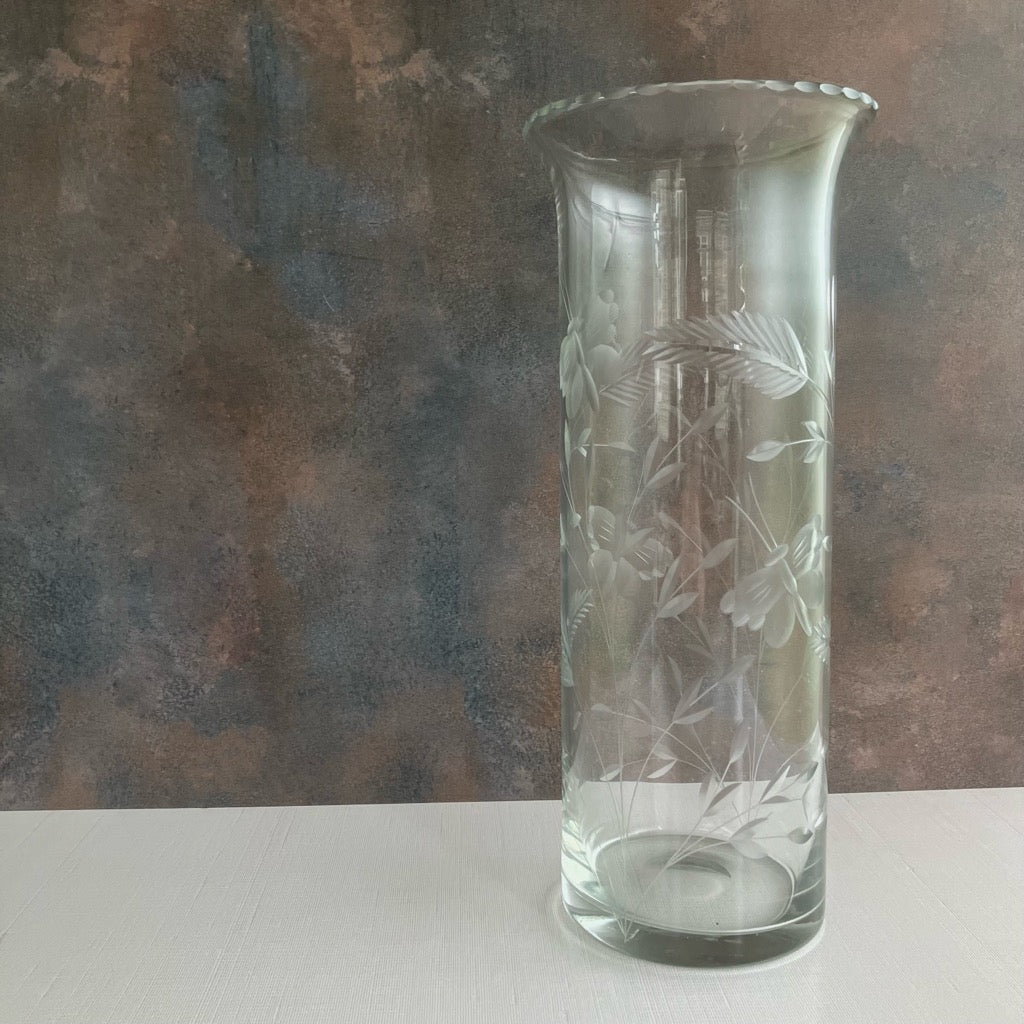 12” Crystal Vase, Etched Butterflies and Flowers