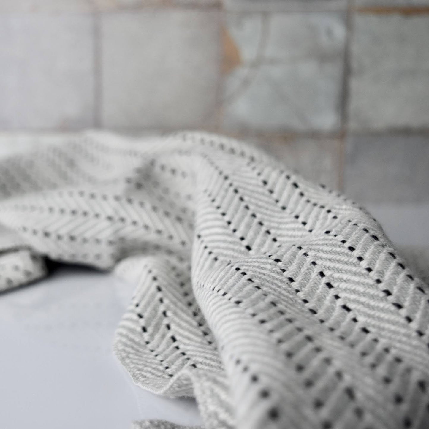 Tea Towel / Hand Towel in Grey and White Chevron with black stripes by Kristina Nichols