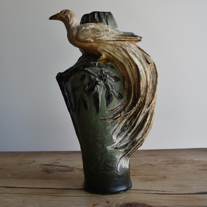 Found Peacock with Black and Green Vase