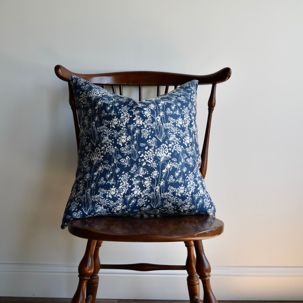 Decorative 100% Linen Pillow in Queen Anne’s Lace Navy by Glass Muriel