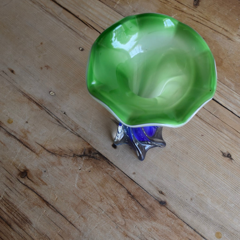Vintage Green and Blue “Jack in the Pulpit” Glass Vase