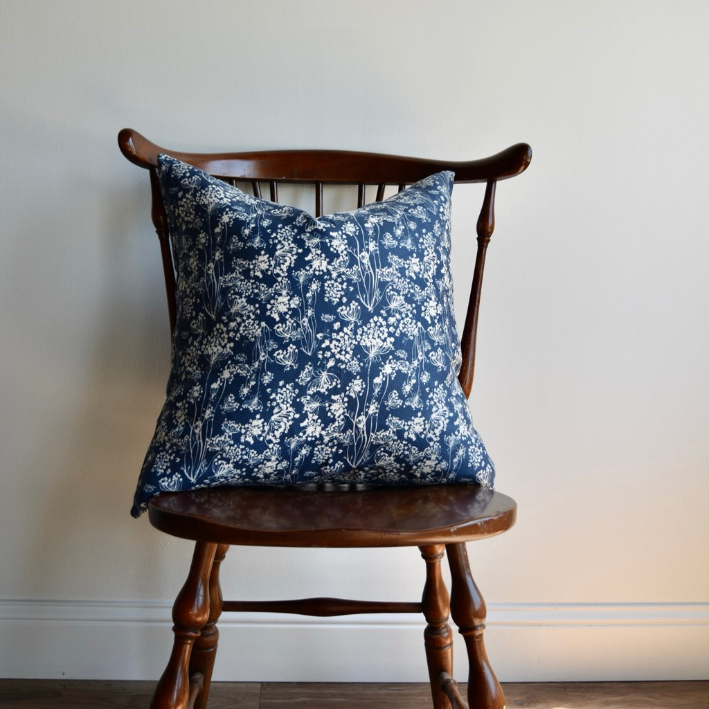 Decorative 100% Linen Pillow in Queen Anne’s Lace Navy by Glass Muriel