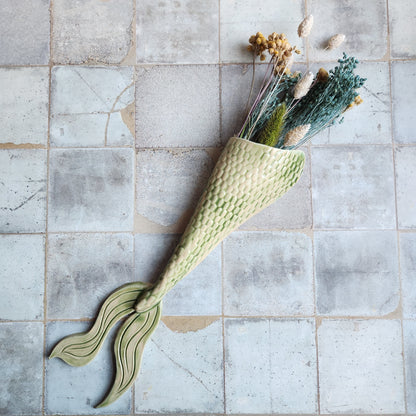 Large Mermaid Tail Wall Vase in Sea Foam by Sky Mage