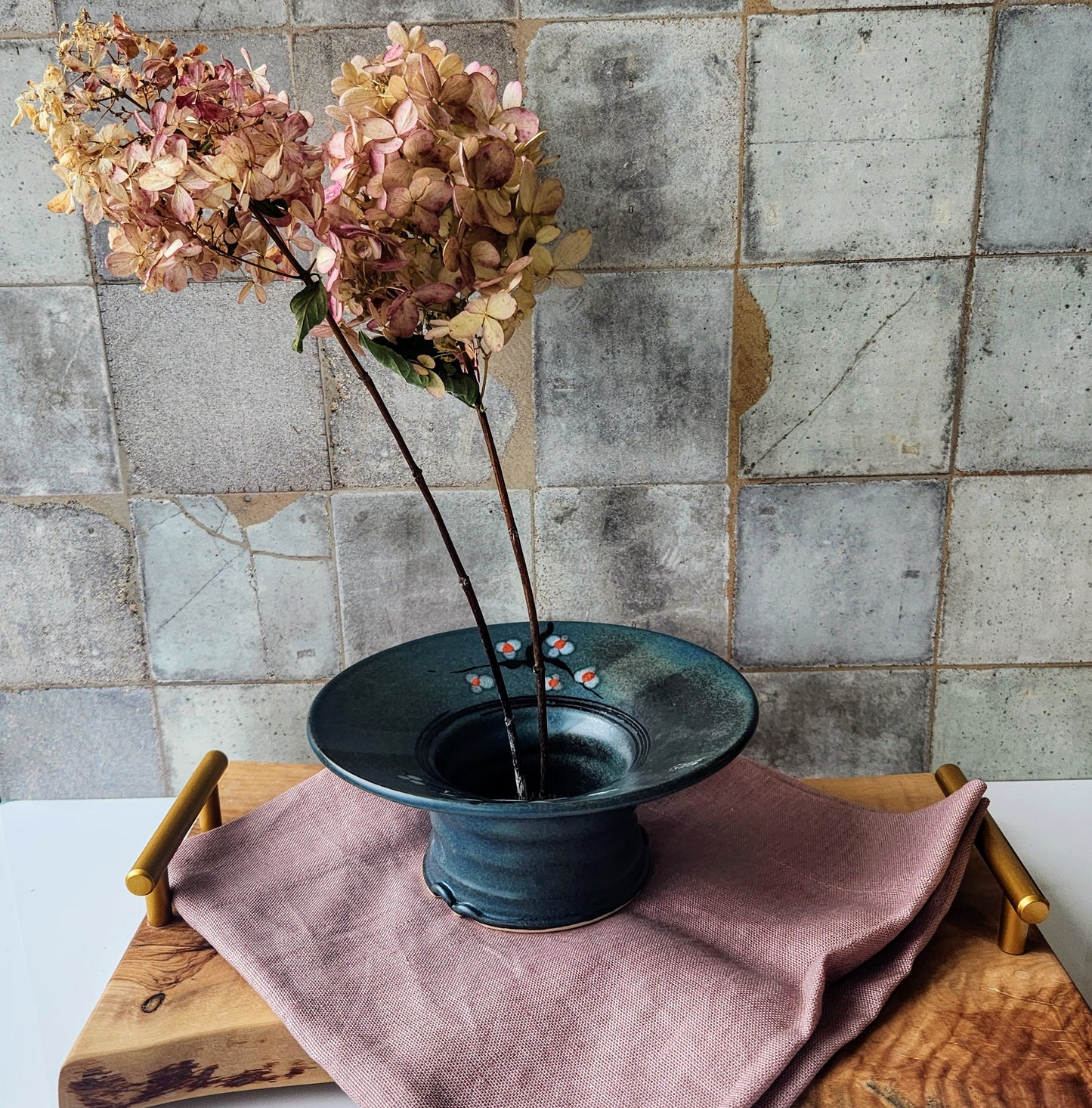 Large Ikebana Vase and Flower Frog by Otis Pottery