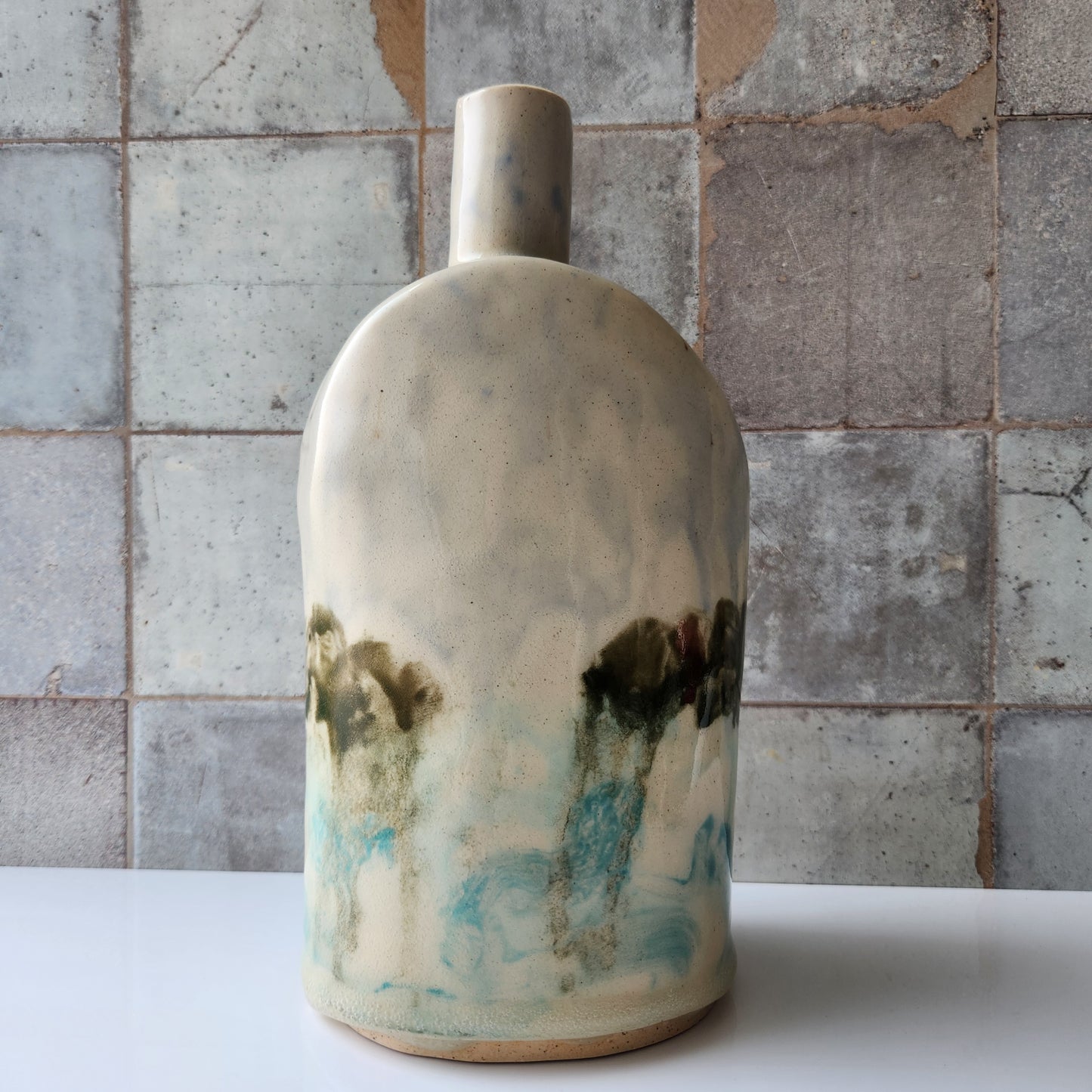 Slab Built Hand Painted Bottle with Lake View by Rene Stratton