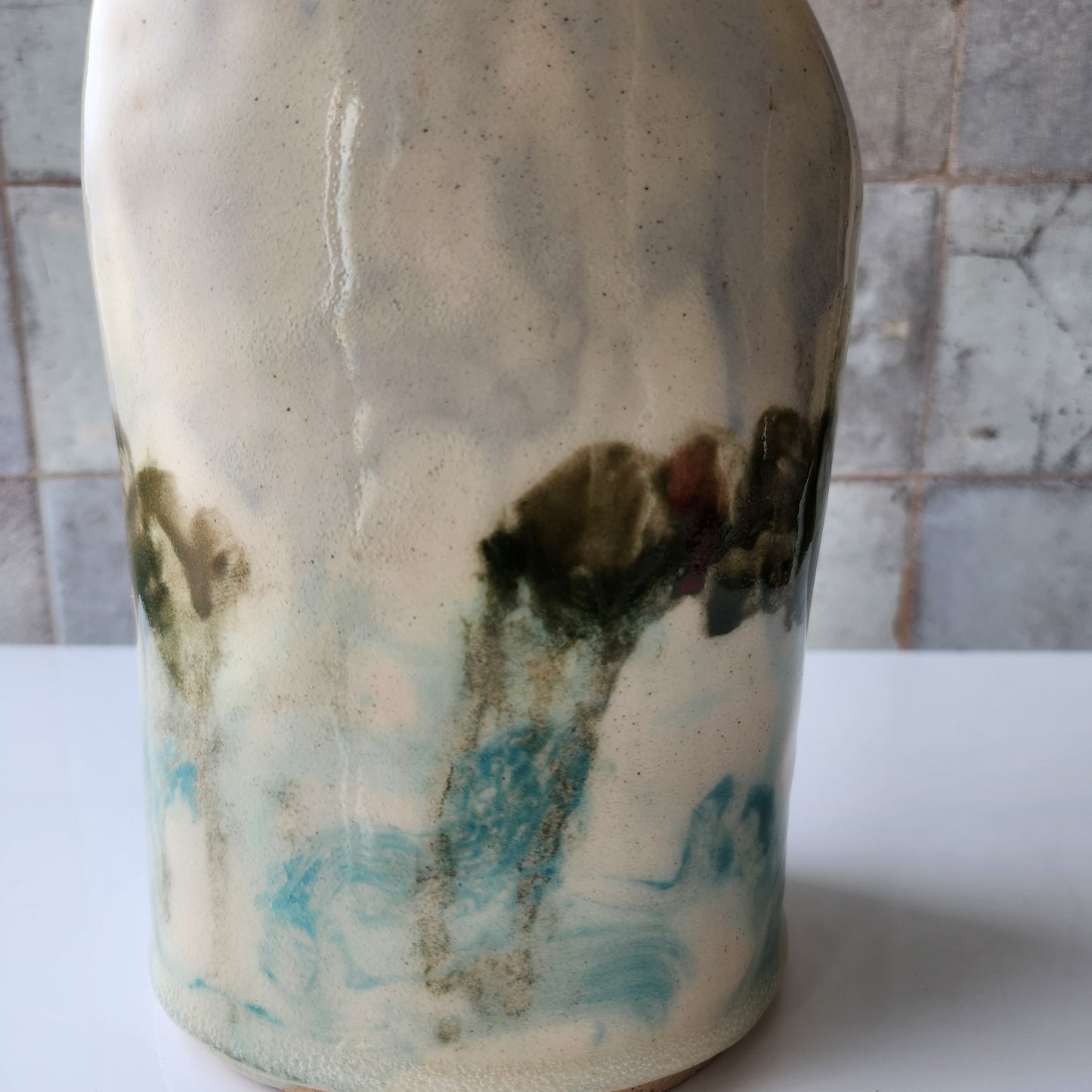 Slab Built Hand Painted Bottle with Lake View by Rene Stratton