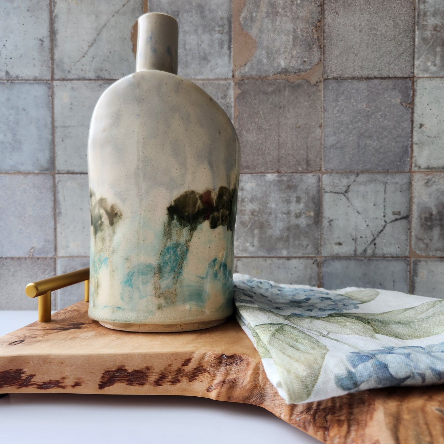 Slab Built Hand Painted Bottle with Lake View by Rene Stratton