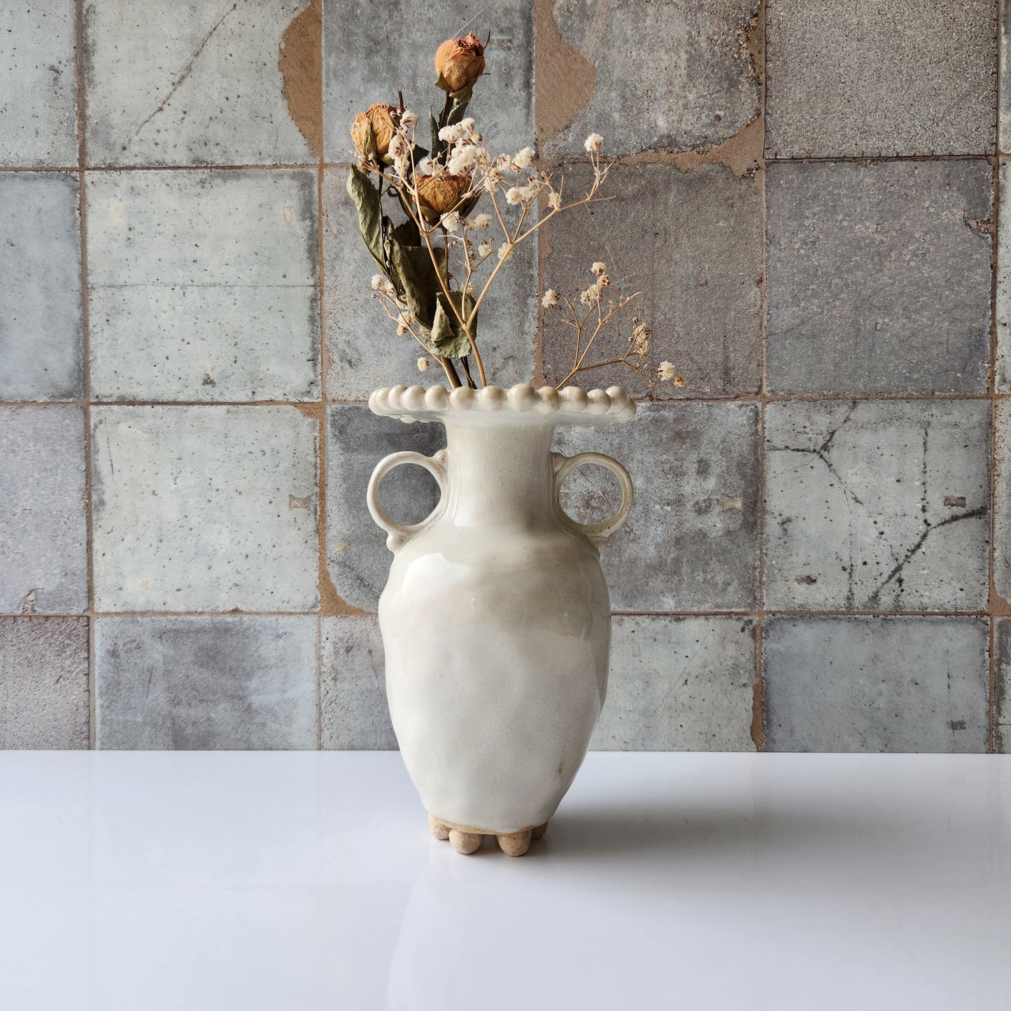 Small Cream Pinched Vase by Rene Stratton