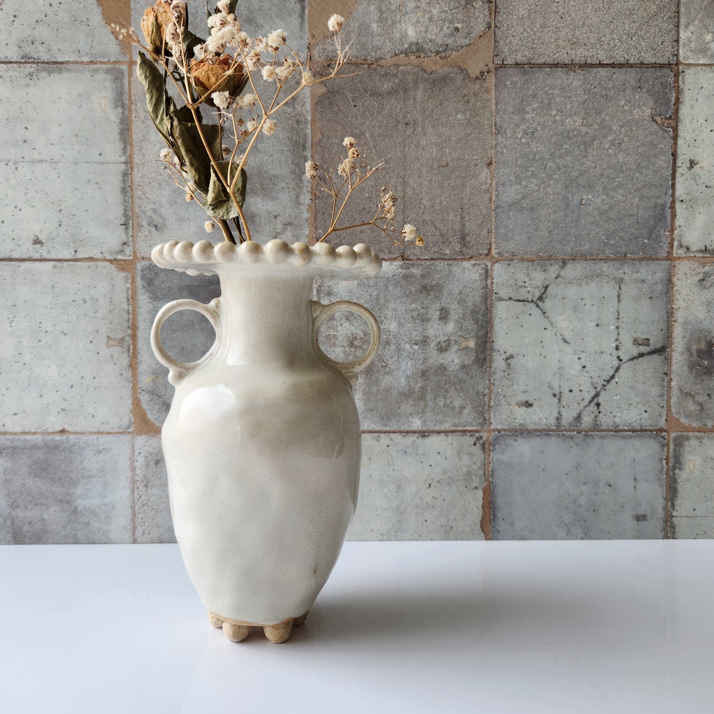 Small Cream Pinched Vase by Rene Stratton
