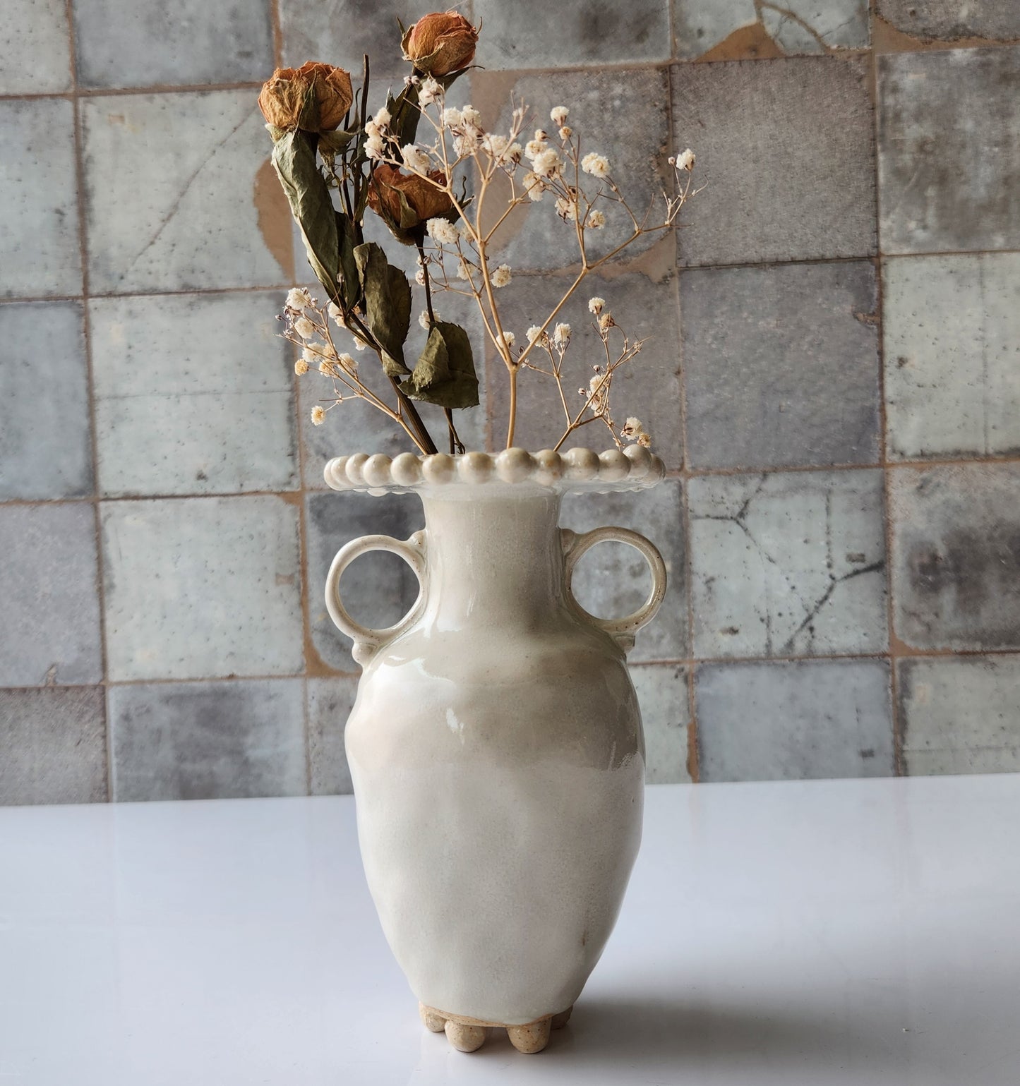 Small Cream Pinched Vase by Rene Stratton