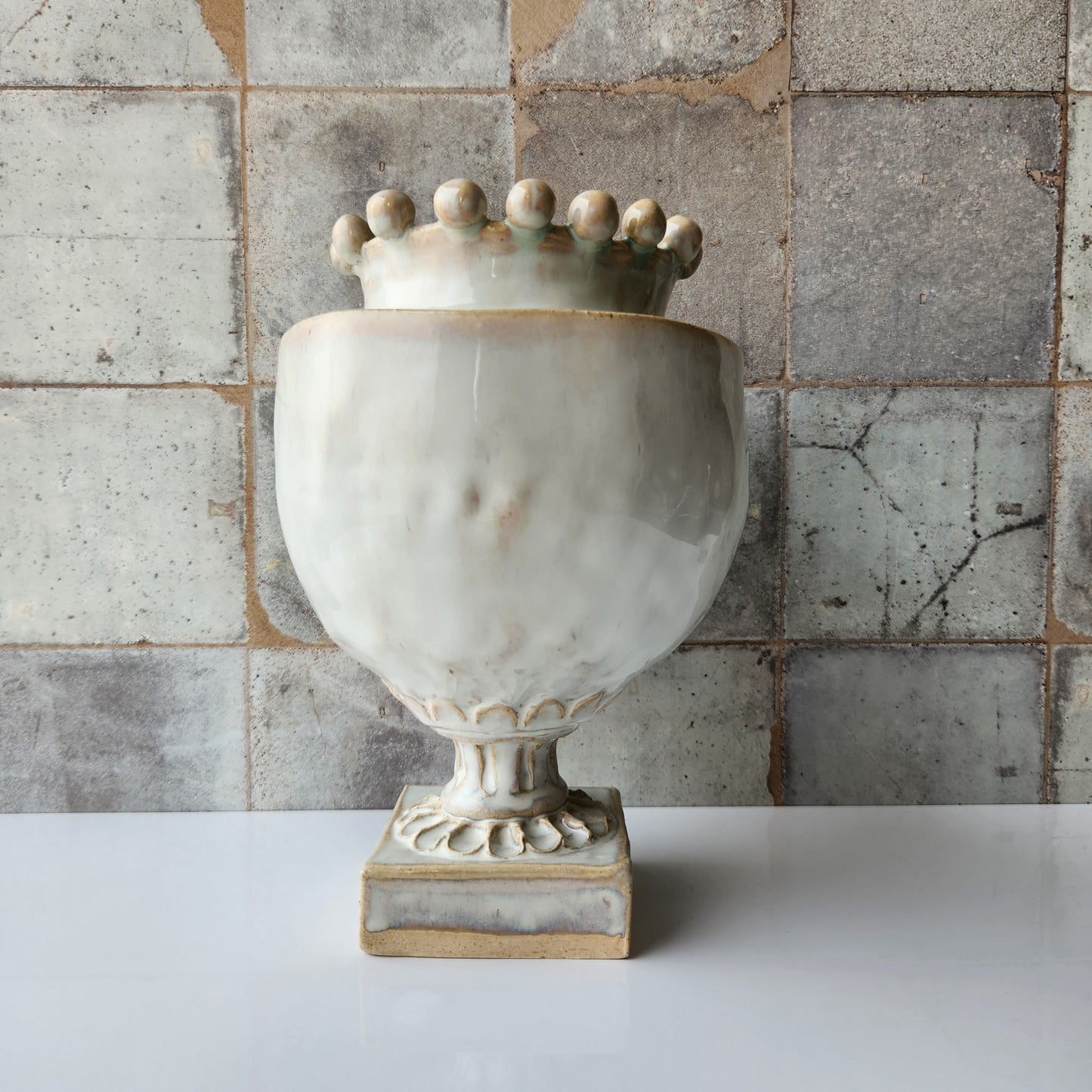 Round Cream Pinched Vase by Rene Stratton