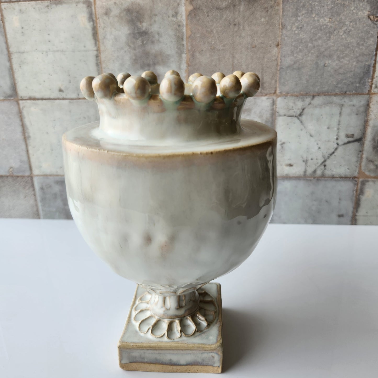 Round Cream Pinched Vase by Rene Stratton