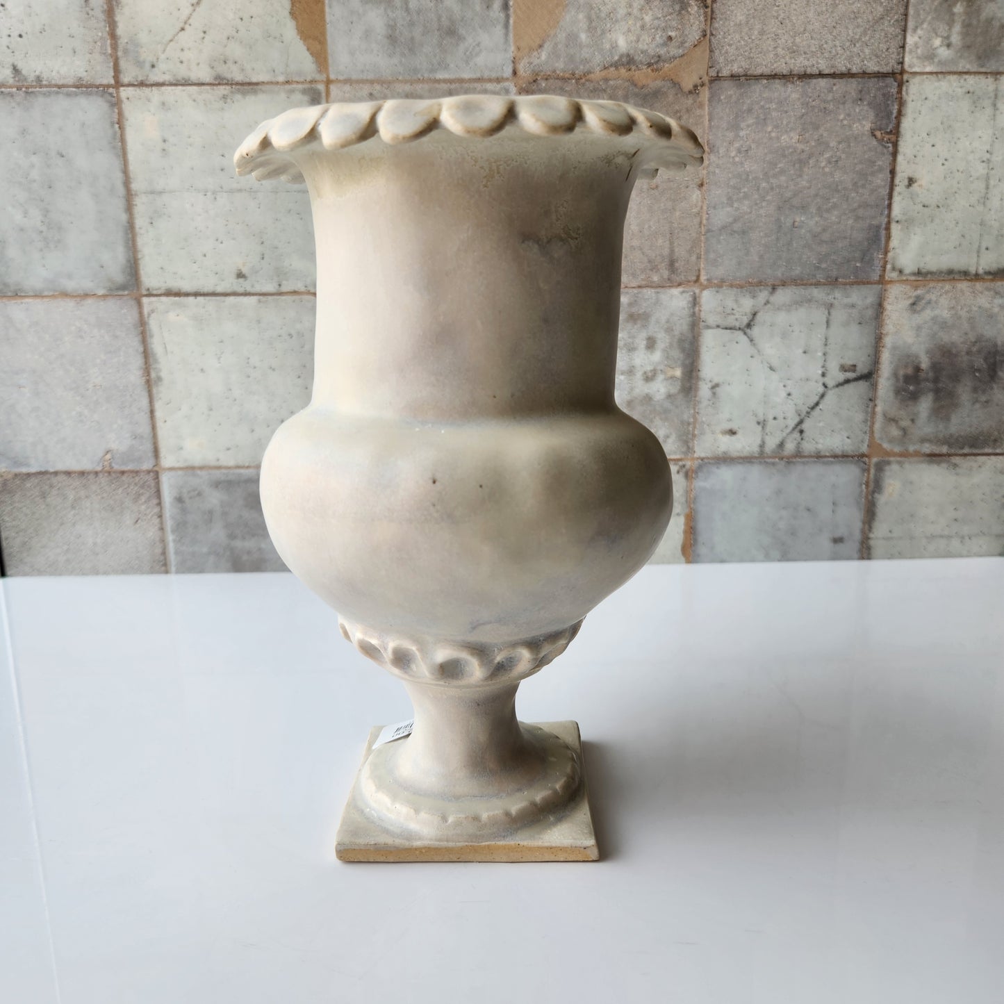Tall Rounded Cream Pinched Vase by Rene Stratton