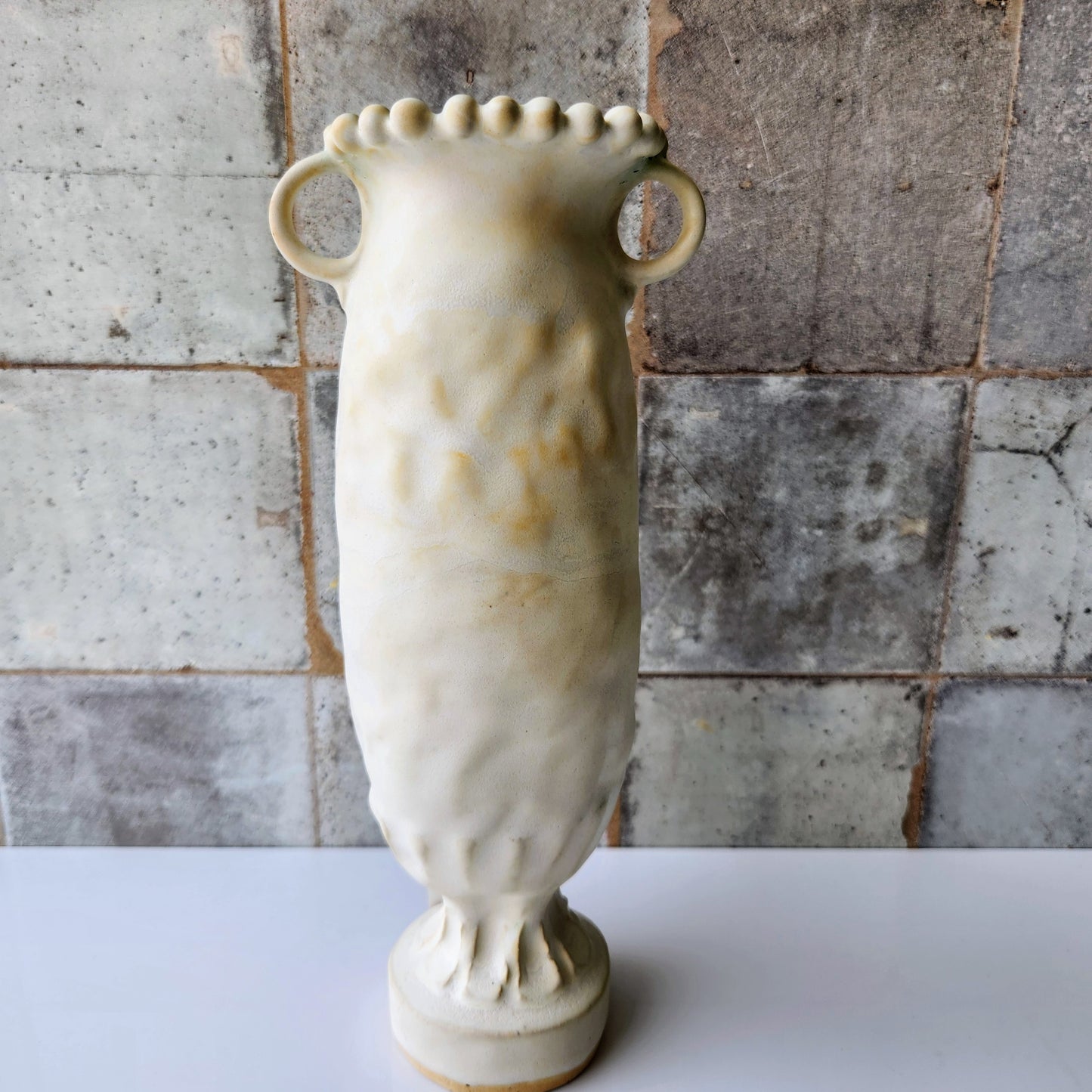 Tall Cream Pinched Vase by Rene Stratton