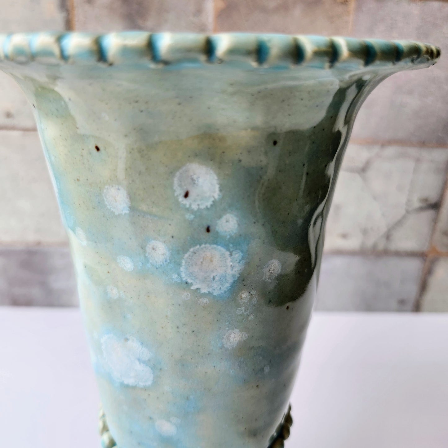 Tall Teal Pinched Vase by Rene Stratton