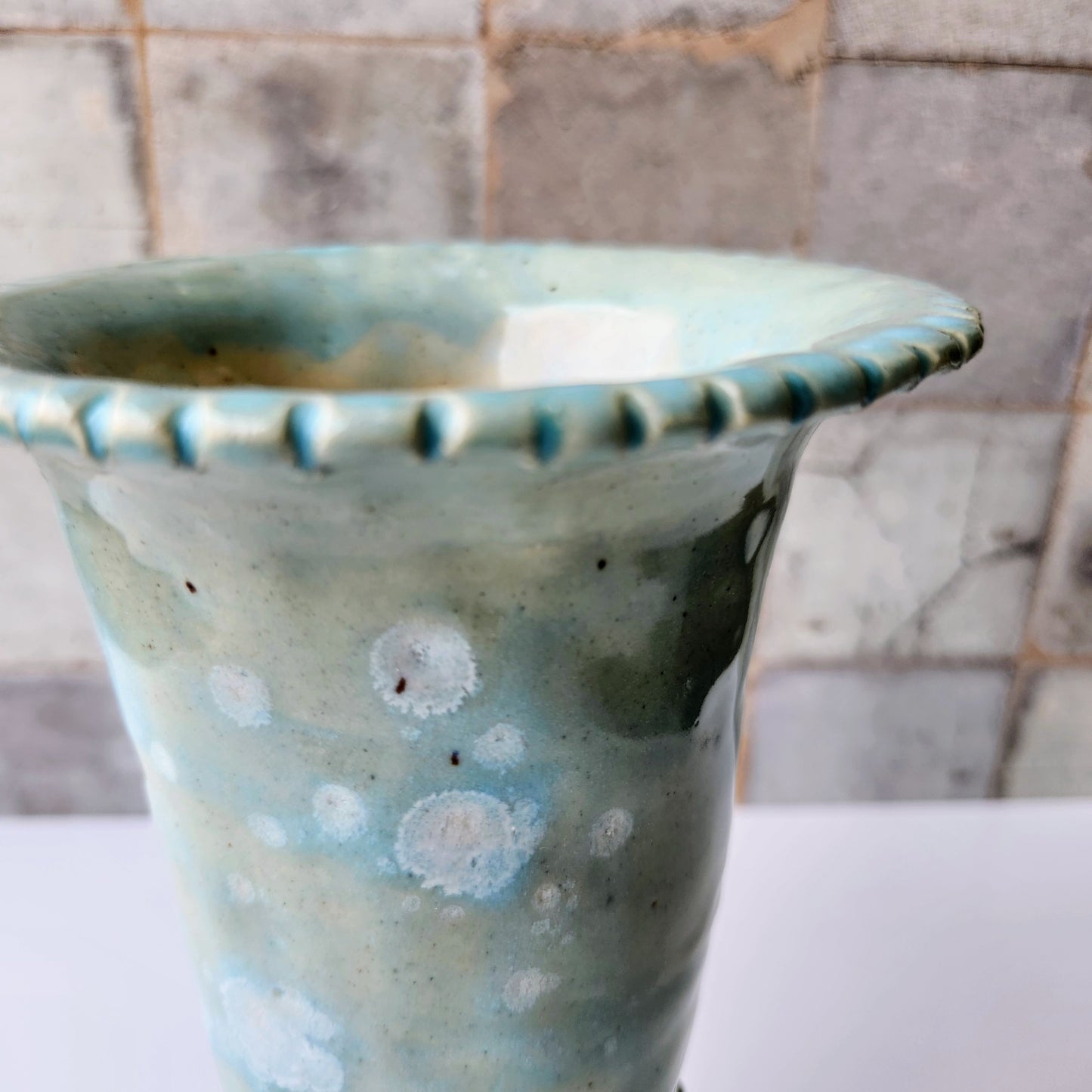 Tall Teal Pinched Vase by Rene Stratton