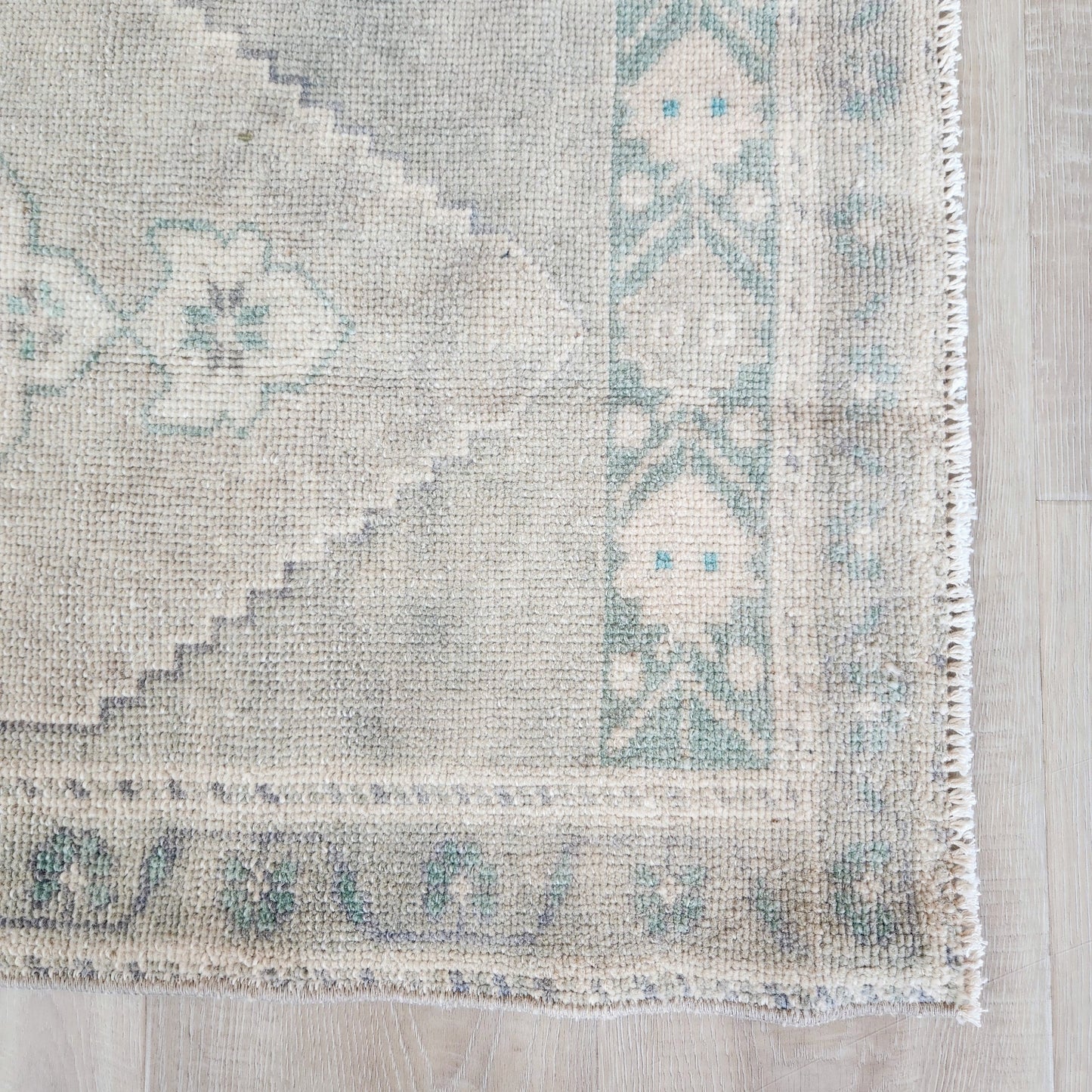 Vintage Hand Knotted Rug in Blush, Eucalyptus, and Teal by Tara Dennis Design