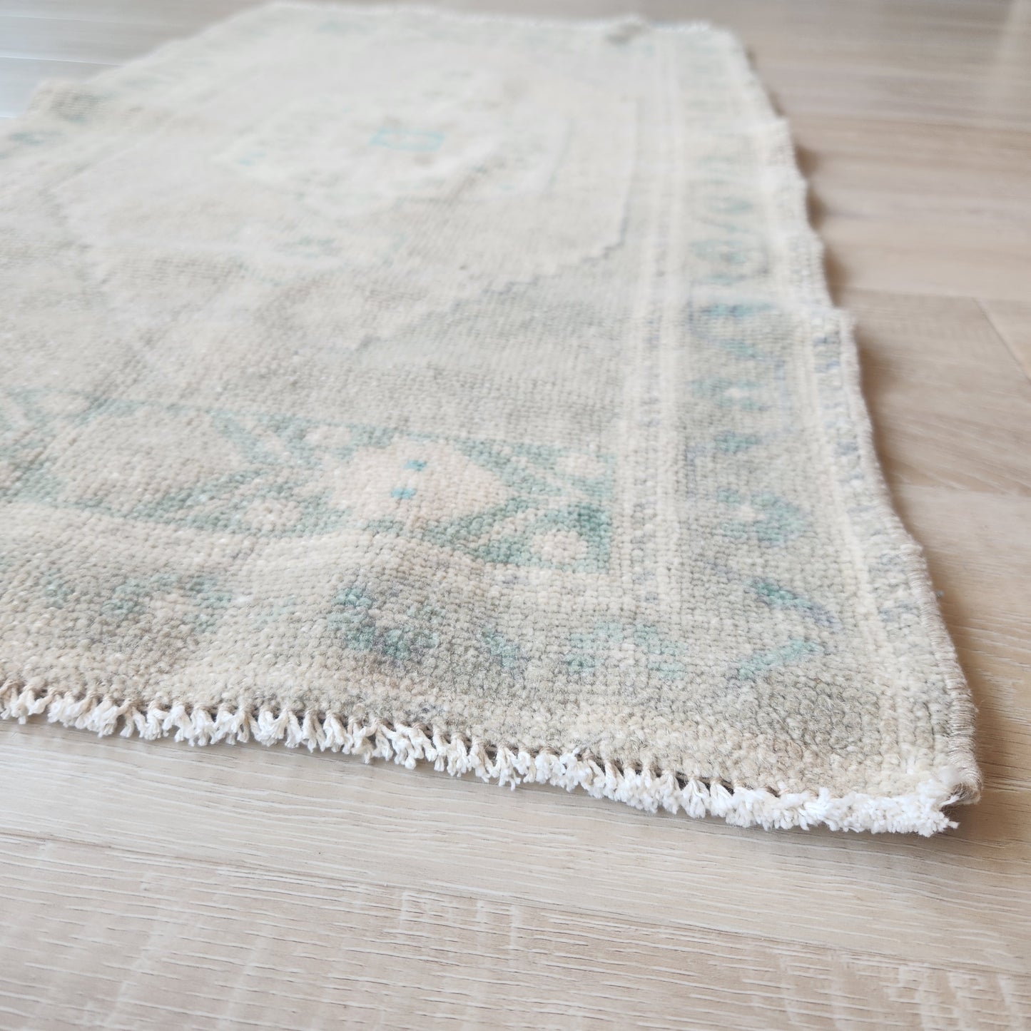 Vintage Hand Knotted Rug in Blush, Eucalyptus, and Teal by Tara Dennis Design