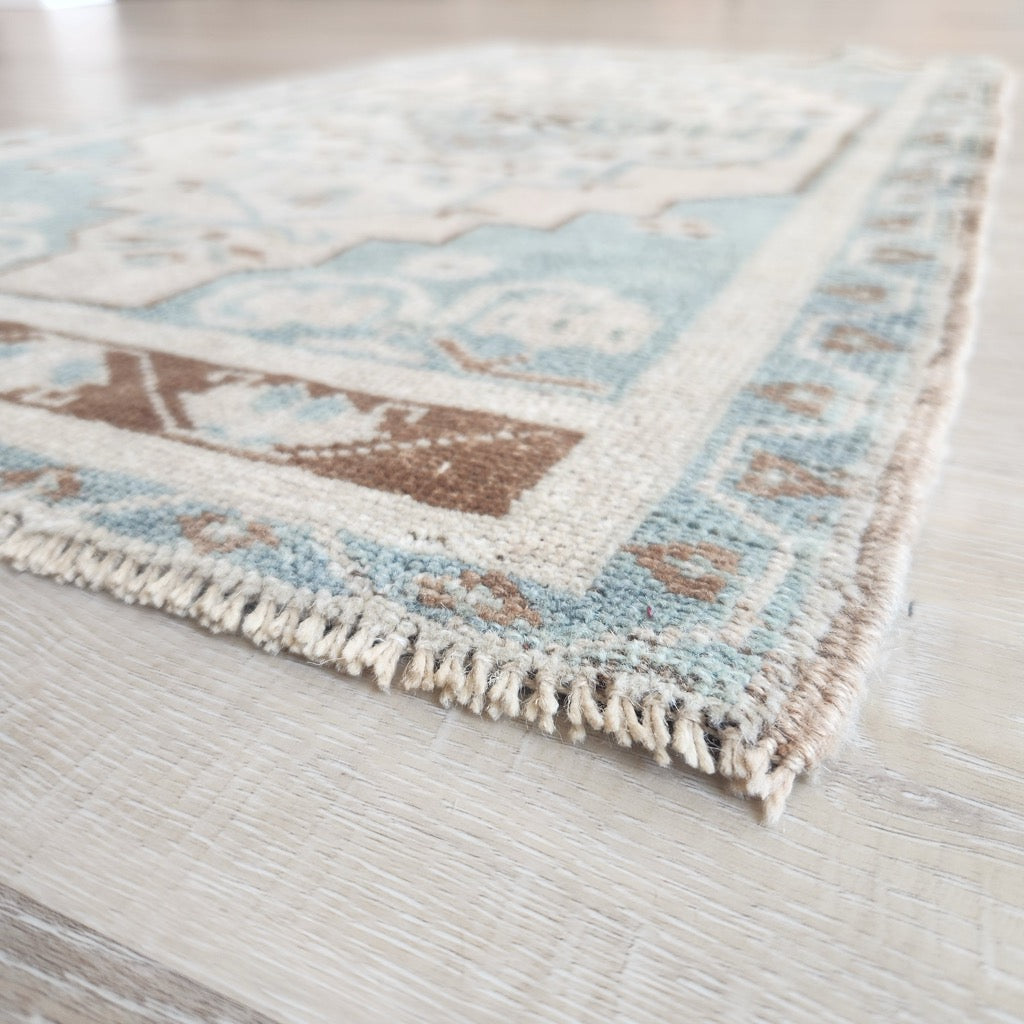 Vintage Hand Knotted Rug in Sea Foam, Blush and Brown by Tara Dennis Design