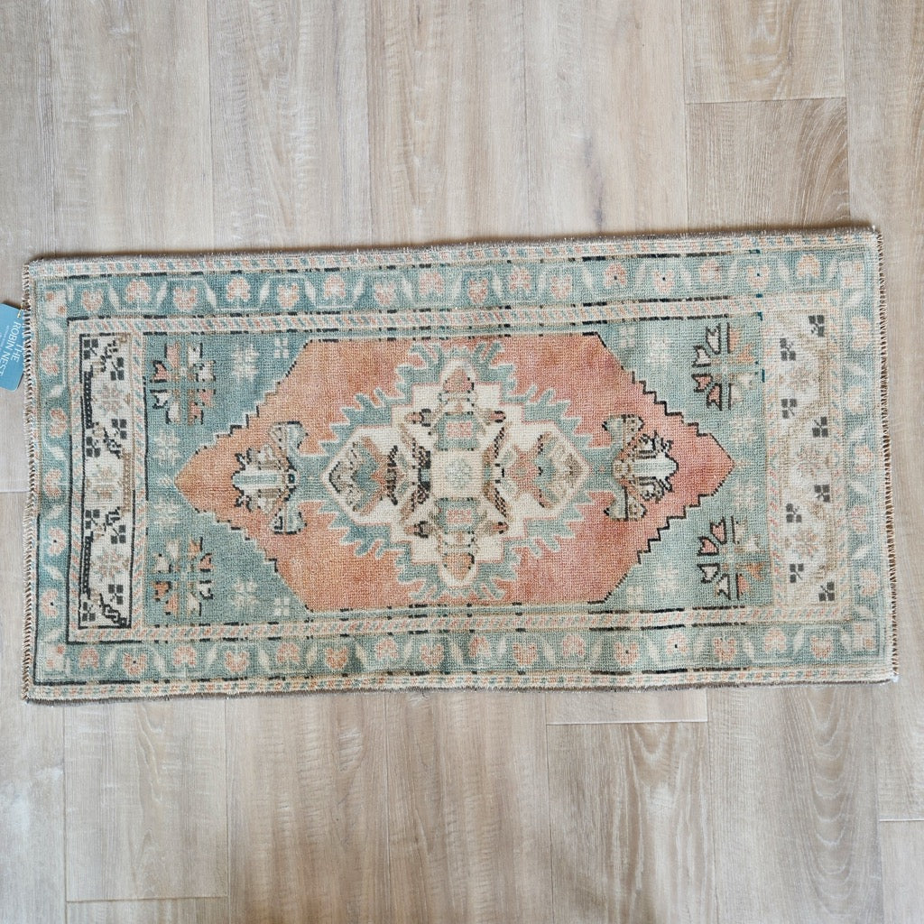 Vintage Hand Knotted Rug in Salmon and Turquoise by Tara Dennis Design
