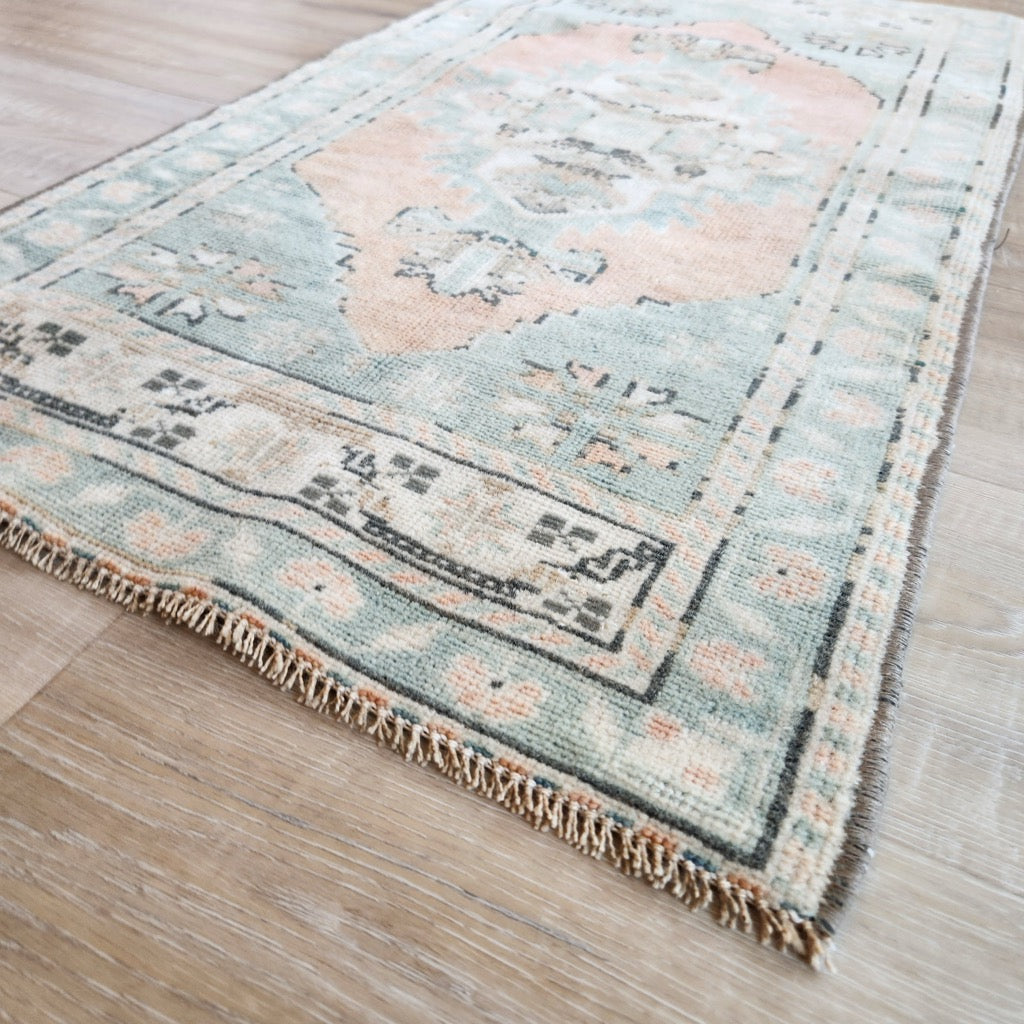 Vintage Hand Knotted Rug in Salmon and Turquoise by Tara Dennis Design