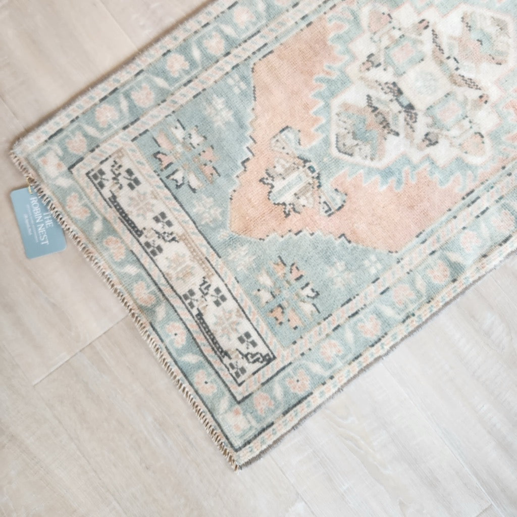 Vintage Hand Knotted Rug in Salmon and Turquoise by Tara Dennis Design