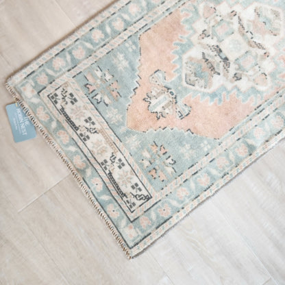 Vintage Hand Knotted Rug in Salmon and Turquoise by Tara Dennis Design