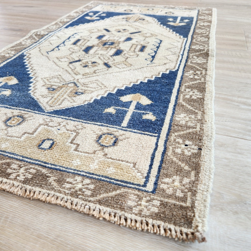 Vintage Hand Knotted Rug in Blue, Beige, and Brown by Tara Dennis Design
