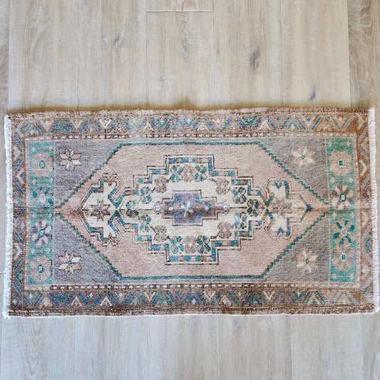 Vintage Hand Knotted Rug in Teal, Pink, and Grey by Tara Dennis Design