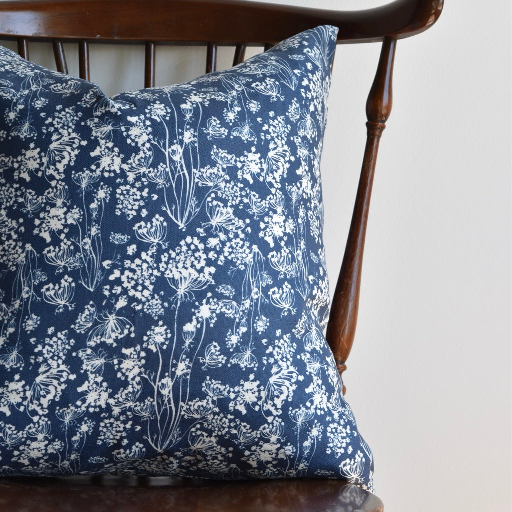 Decorative 100% Linen Pillow in Queen Anne’s Lace Navy by Glass Muriel