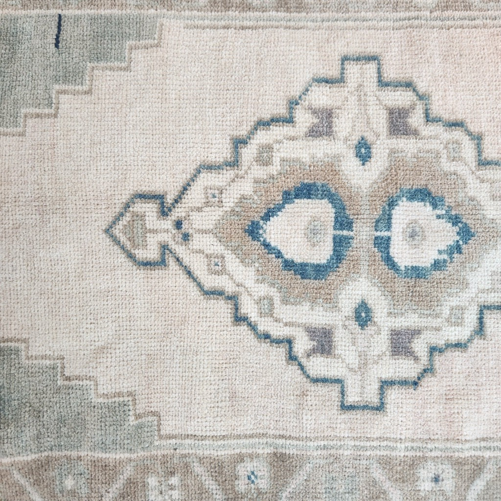 Vintage Hand Knotted Rug in Blush, Green, Brown and Blue by Tara Dennis Design