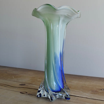Vintage Green and Blue “Jack in the Pulpit” Glass Vase