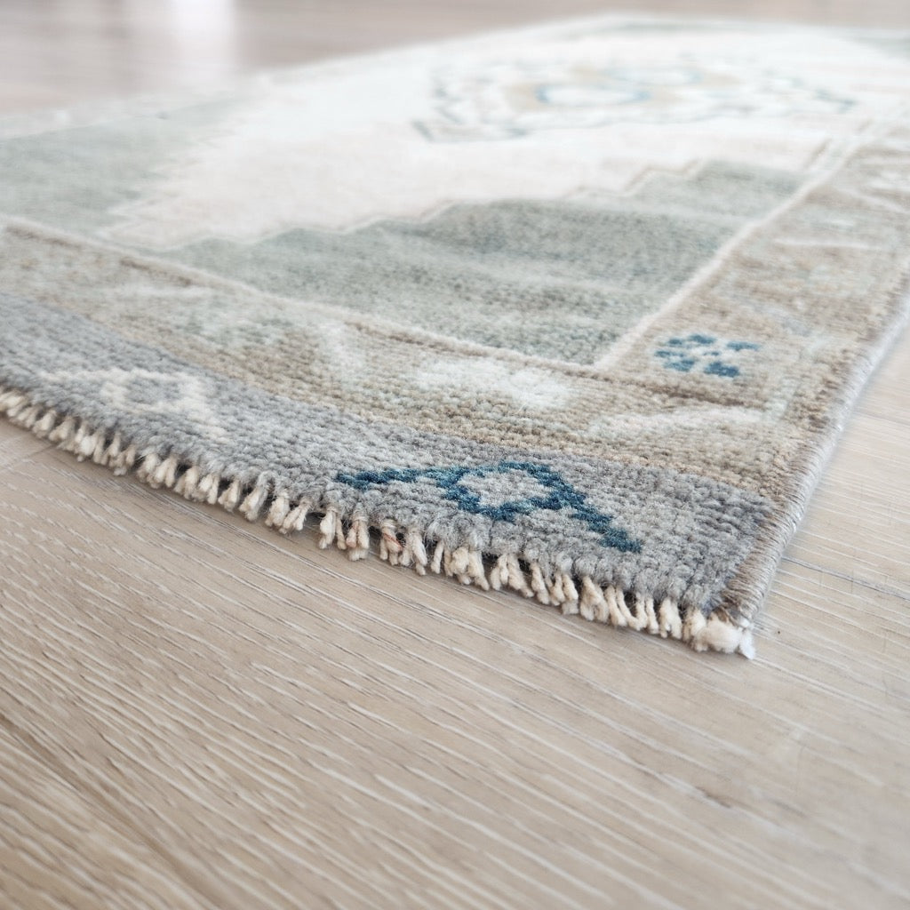 Vintage Hand Knotted Rug in Blush, Green, Brown and Blue by Tara Dennis Design