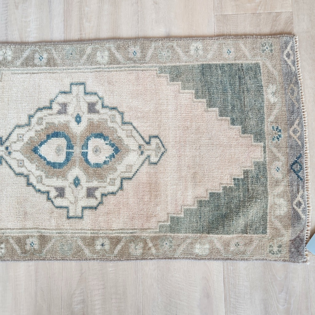 Vintage Hand Knotted Rug in Blush, Green, Brown and Blue by Tara Dennis Design