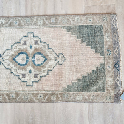 Vintage Hand Knotted Rug in Blush, Green, Brown and Blue by Tara Dennis Design