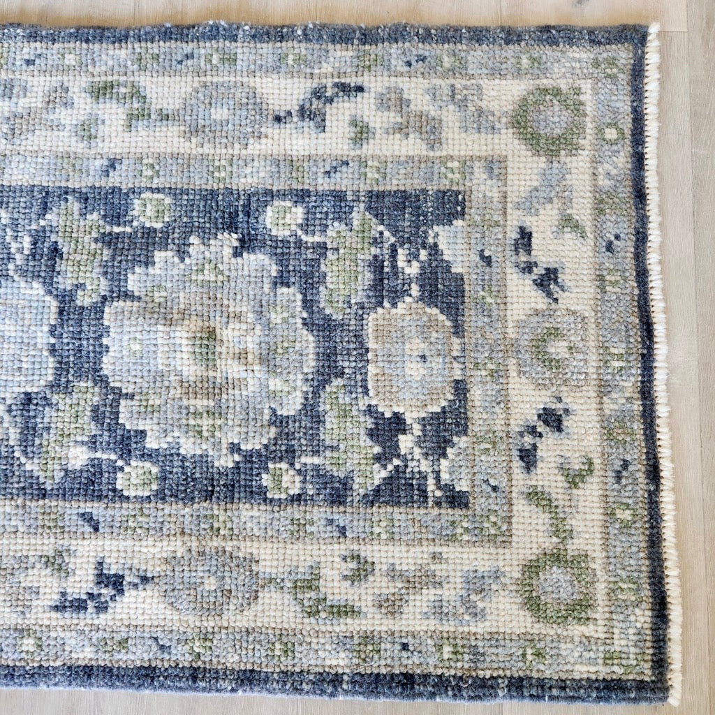 Small Designer Hand Knotted Rug in Cream, Grey, Dark Blue by Tara Dennis Design