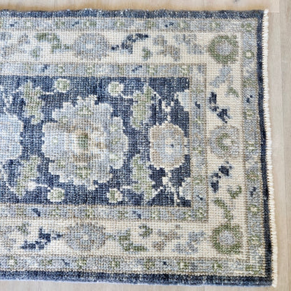Small Designer Hand Knotted Rug in Cream, Grey, Dark Blue by Tara Dennis Design