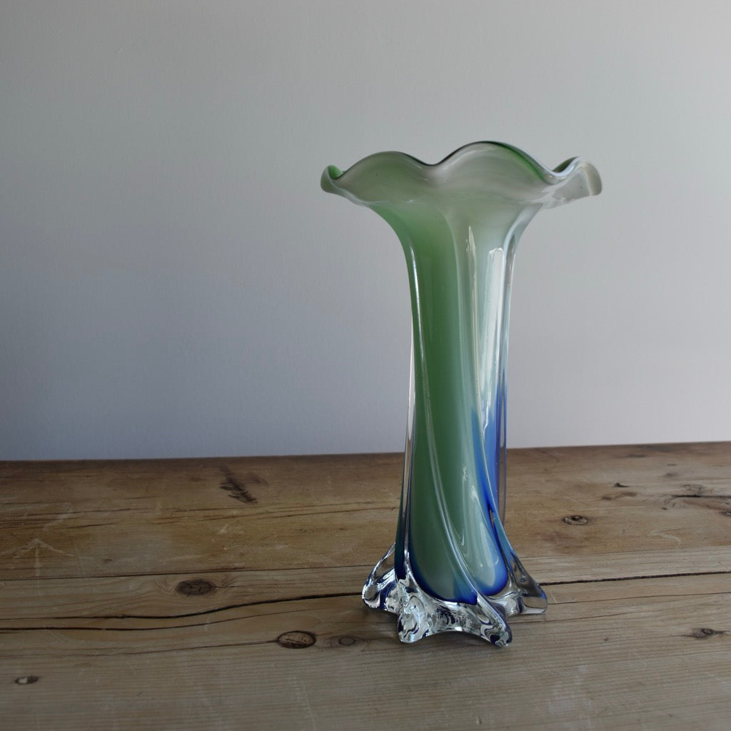 Vintage Green and Blue “Jack in the Pulpit” Glass Vase