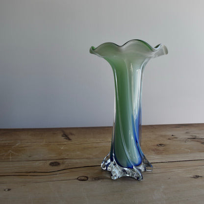 Vintage Green and Blue “Jack in the Pulpit” Glass Vase