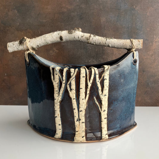 Handmade Basket With Birch Pattern and Birch Handle by Jan Toscano
