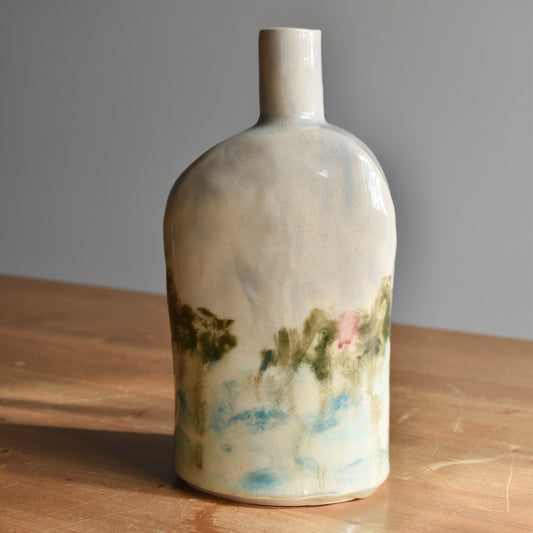 Slab Built Hand Painted Bottle with Lake View by Rene Stratton