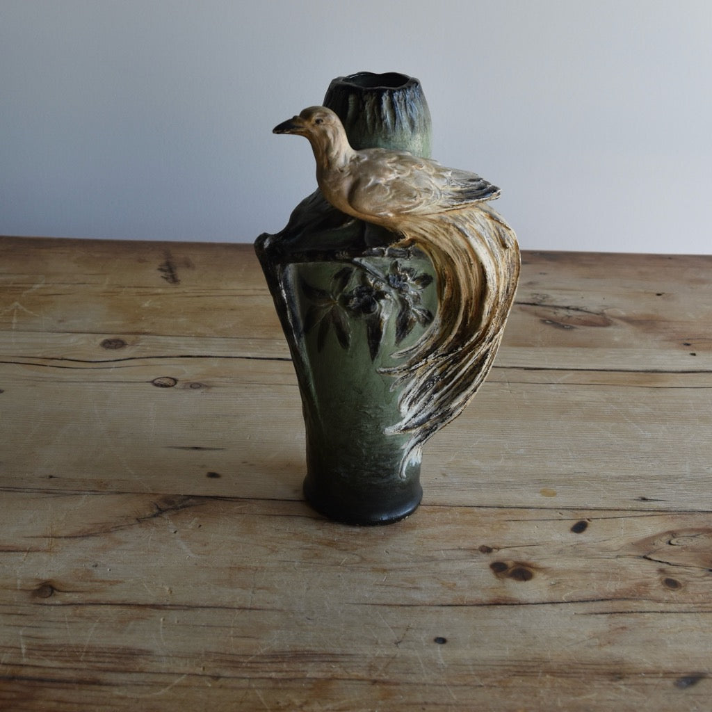 Found Peacock with Black and Green Vase
