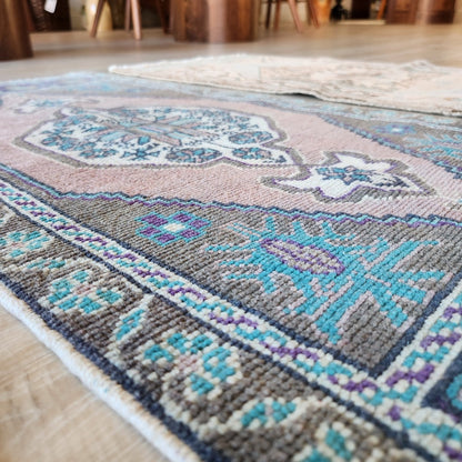 Vintage Hand Knotted Rug in Slate, Pink, and Grape by Tara Dennis Design