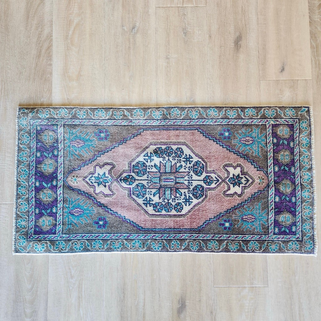 Vintage Hand Knotted Rug in Slate, Pink, and Grape by Tara Dennis Design