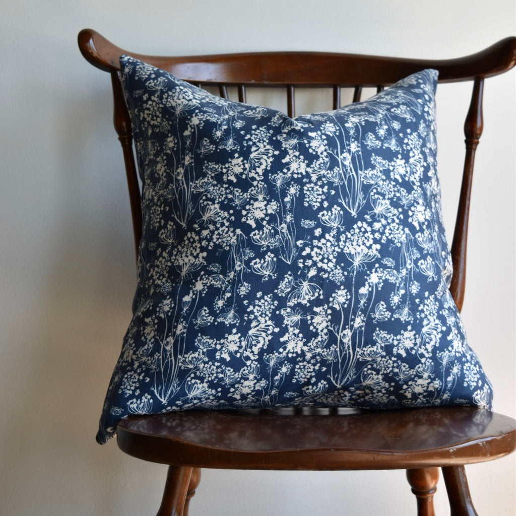 Decorative 100% Linen Pillow in Queen Anne’s Lace Navy by Glass Muriel