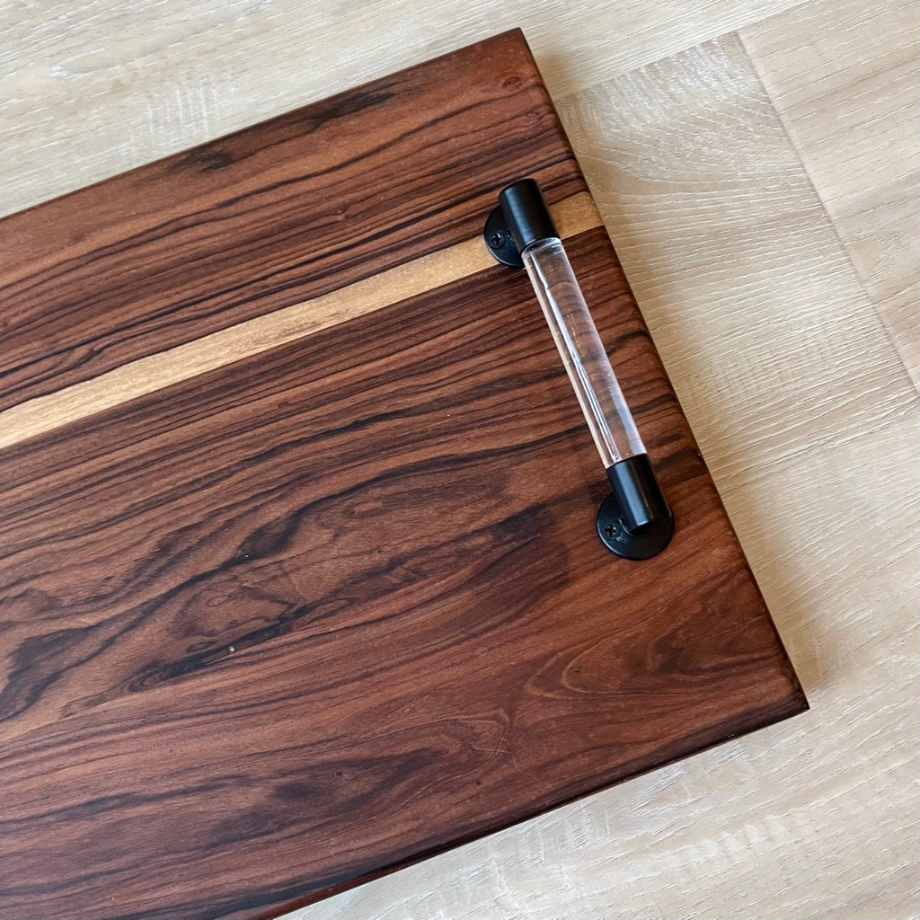 Serving Tray in Dark Wood with Black and Clear Handles by Rhino Woodworking