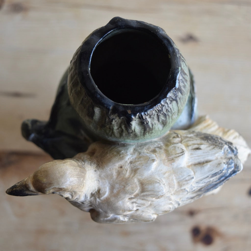 Found Peacock with Black and Green Vase