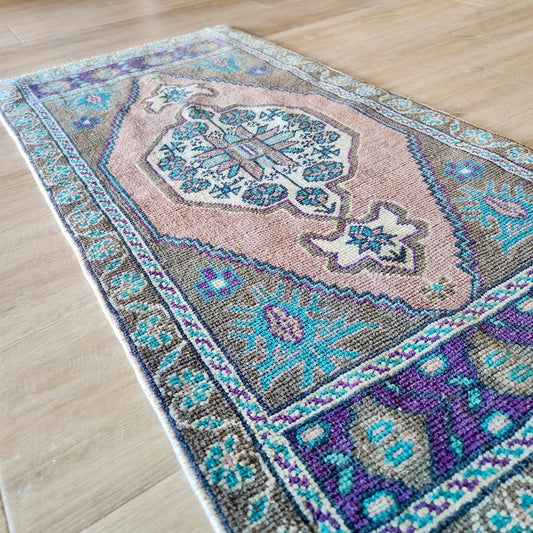 Vintage Hand Knotted Rug in Slate, Pink, and Grape by Tara Dennis Design